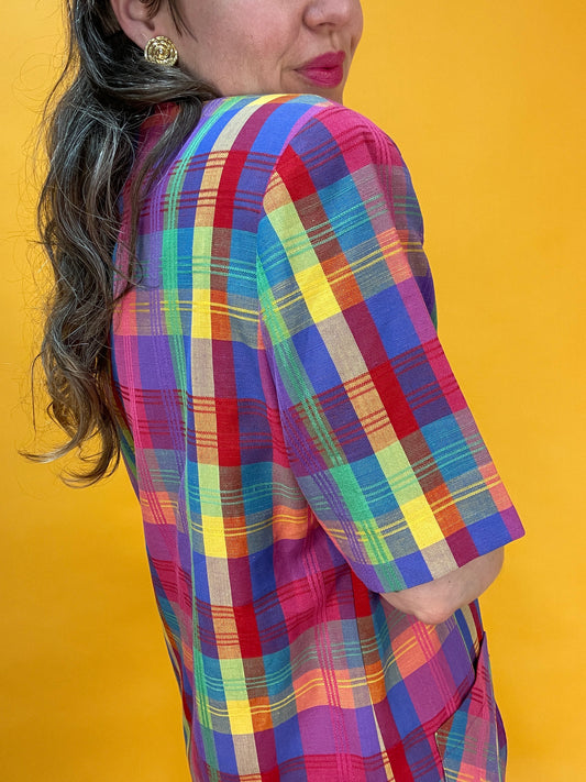 80s/90s Kurzarmblazer mit bonbonhaftem Regenbogen-Karomuster