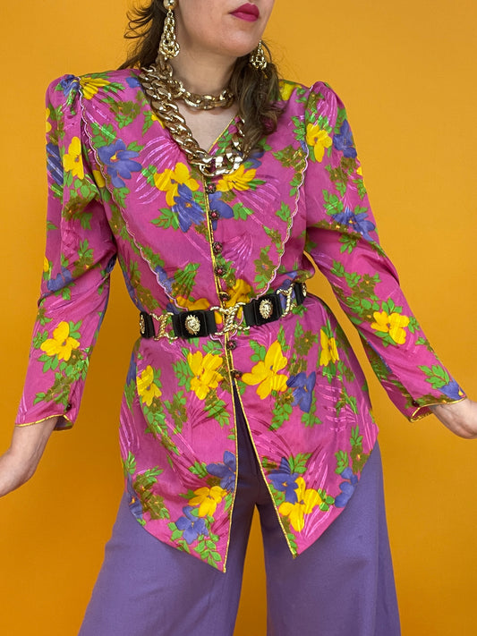 Farbenfrohe 70s Bluse mit Neon Blumenprint