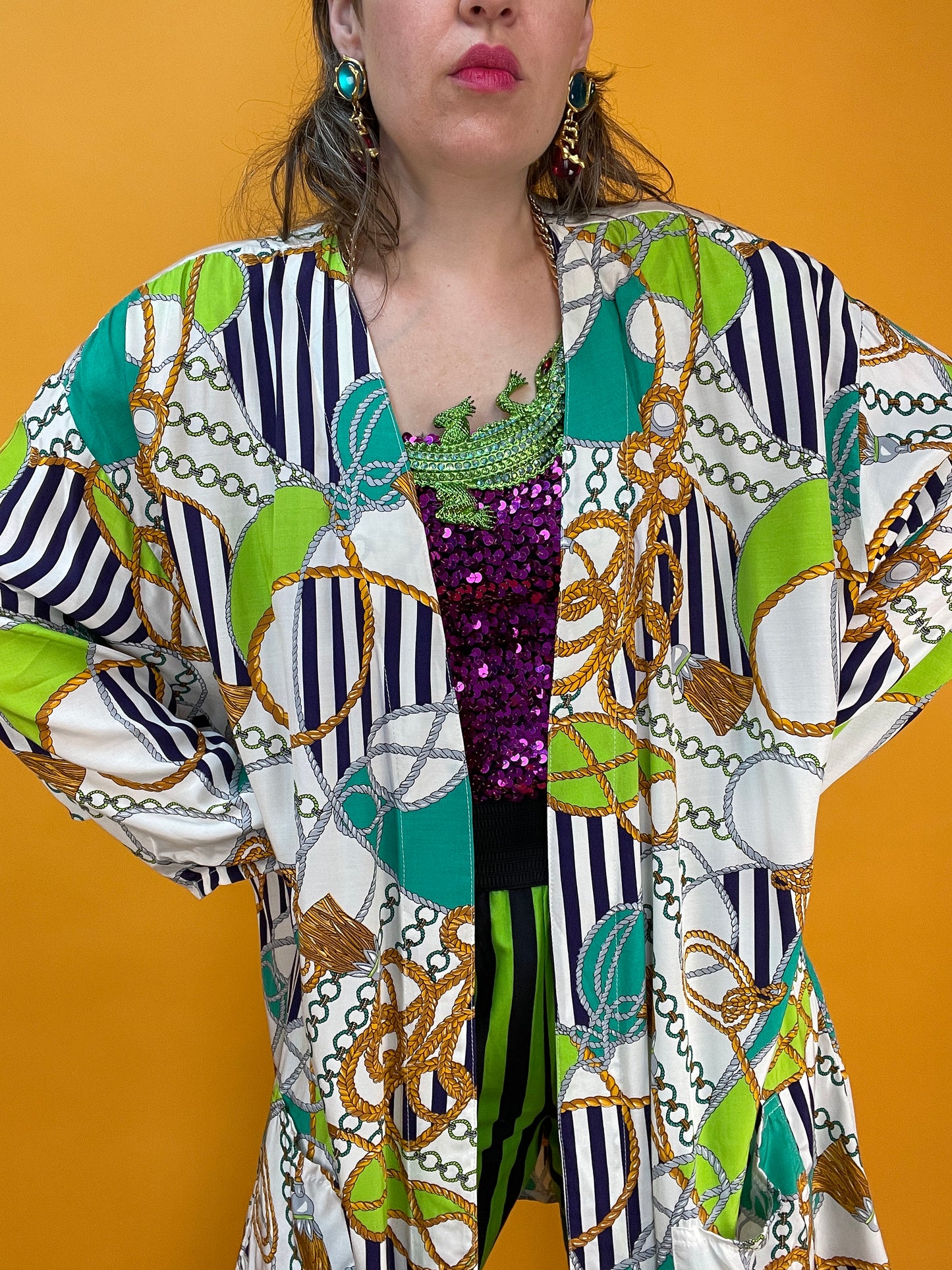 80s/90s Longbluse mit Neon-Nautical Print