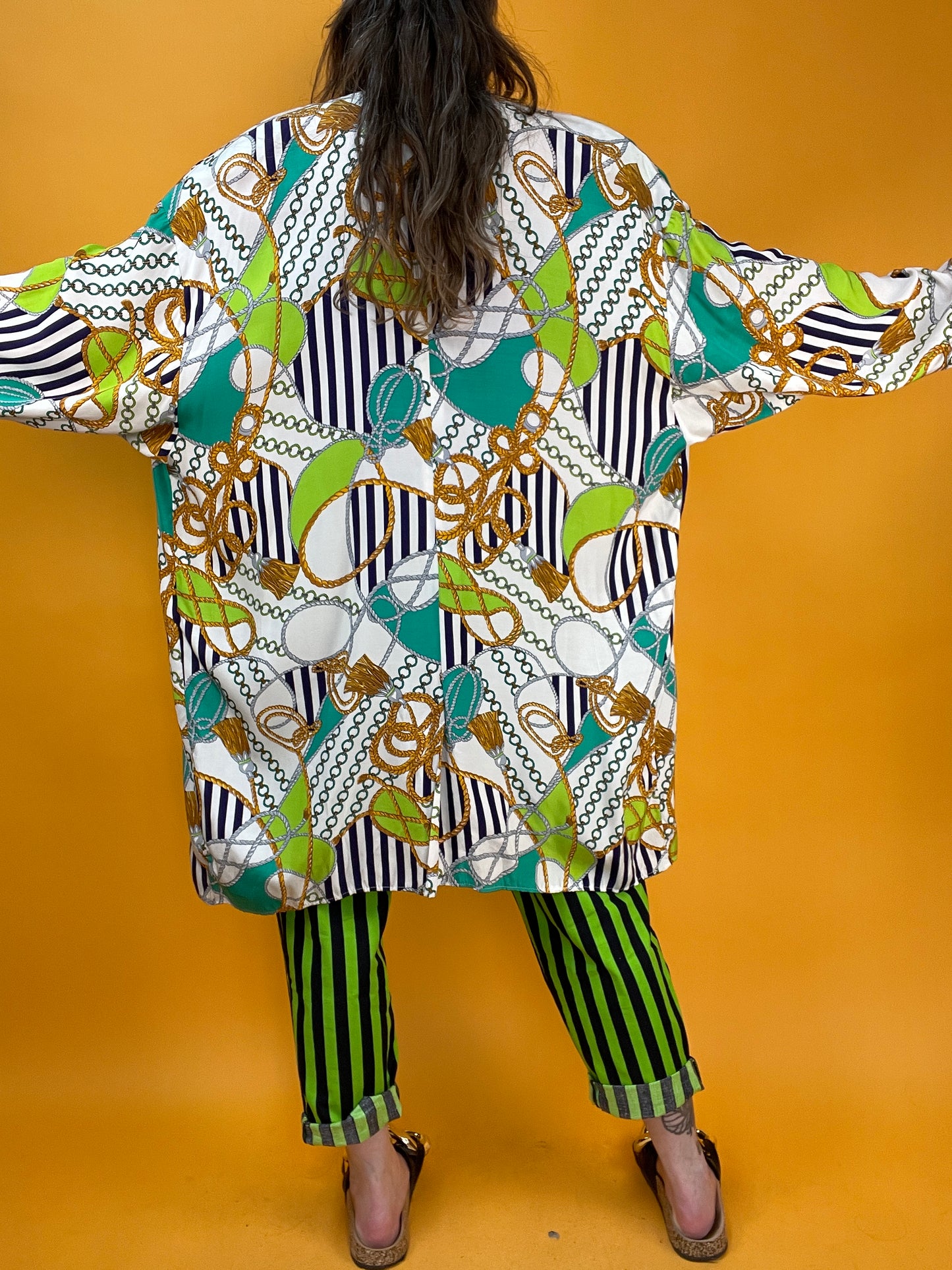 80s/90s Longbluse mit Neon-Nautical Print
