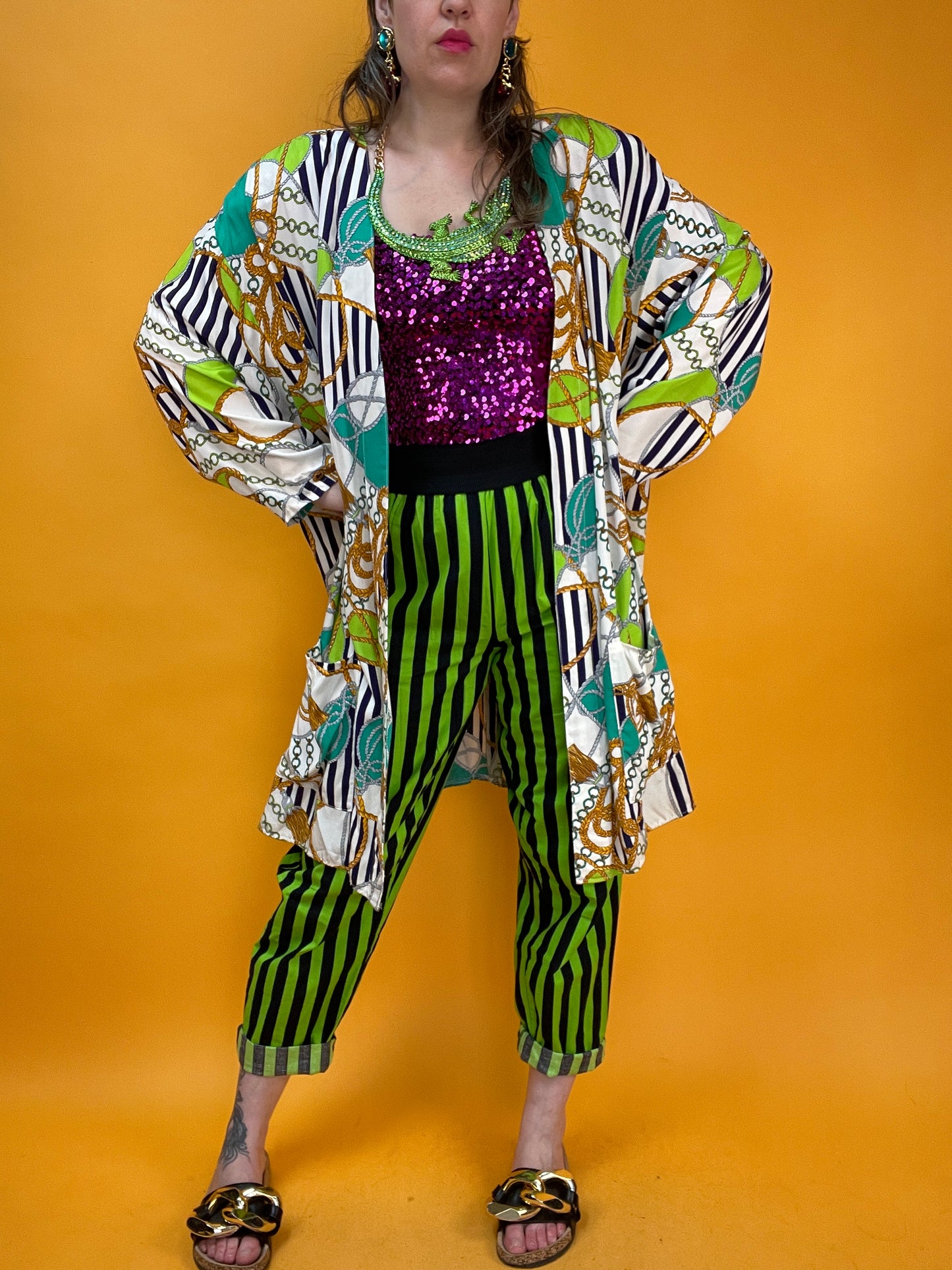 80s/90s Longbluse mit Neon-Nautical Print