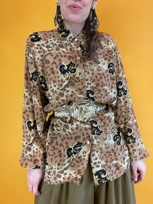 Feine Seidenbluse mit elegantem Leo-Brokat Muster