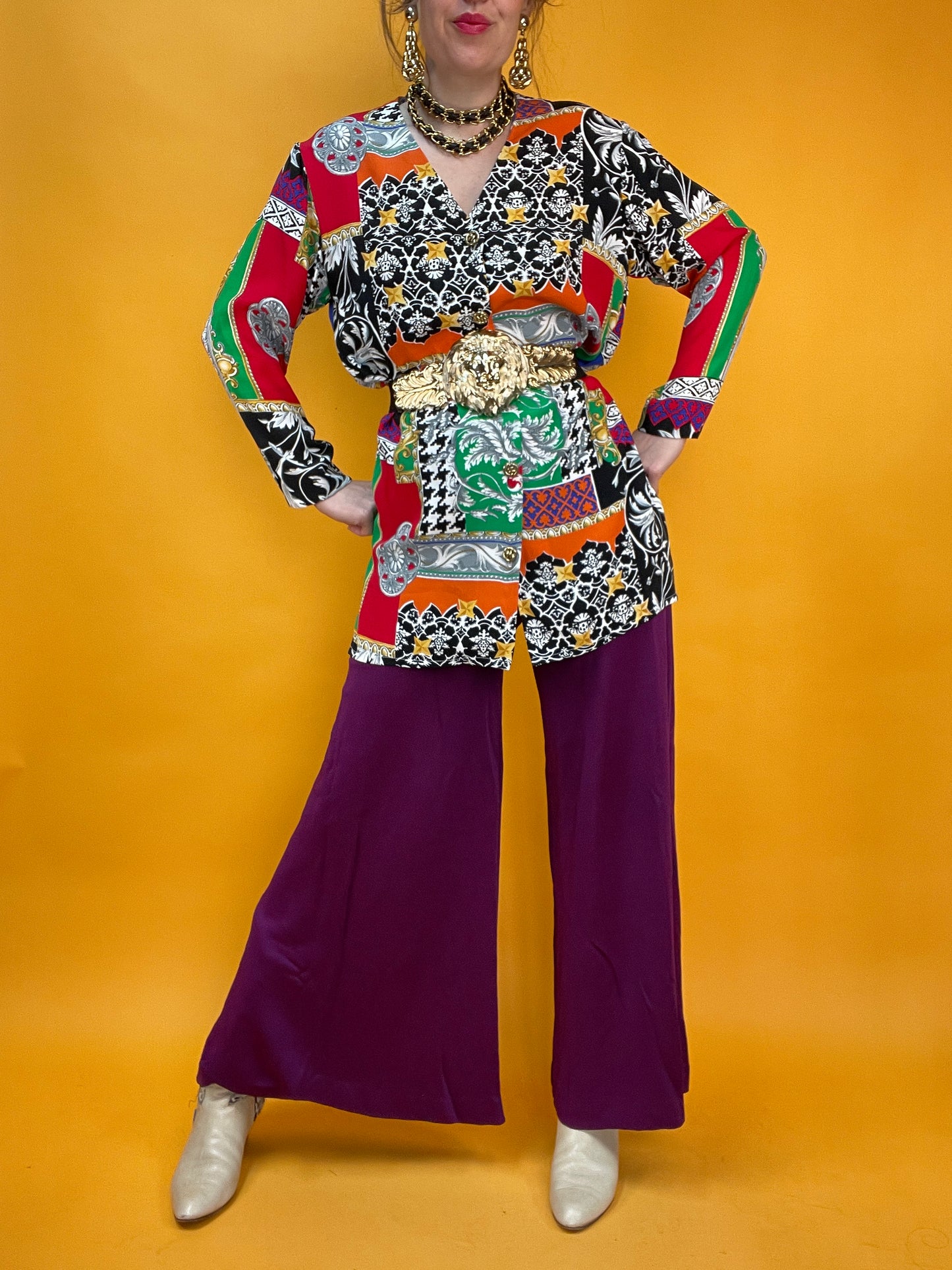 80s/90s Crazy Pattern Longbluse mit opulentem Patchwork-Mustermix