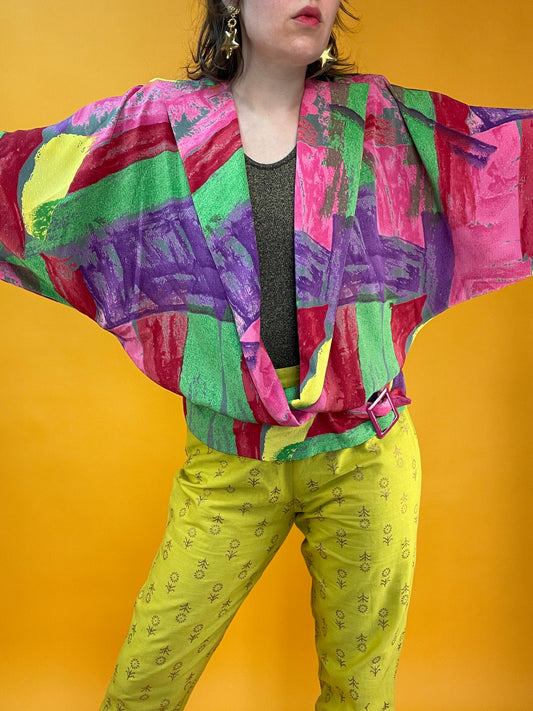 Bunt gemusterte Bluse mit Mega Fledermausärmeln