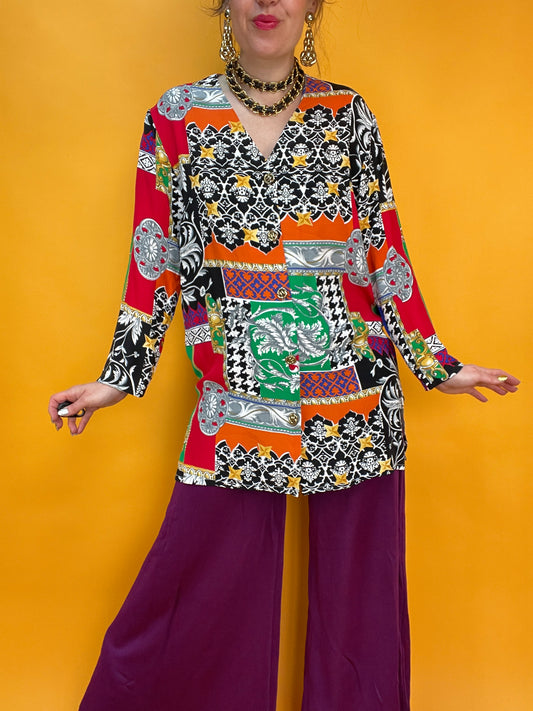 80s/90s Crazy Pattern Longbluse mit opulentem Patchwork-Mustermix