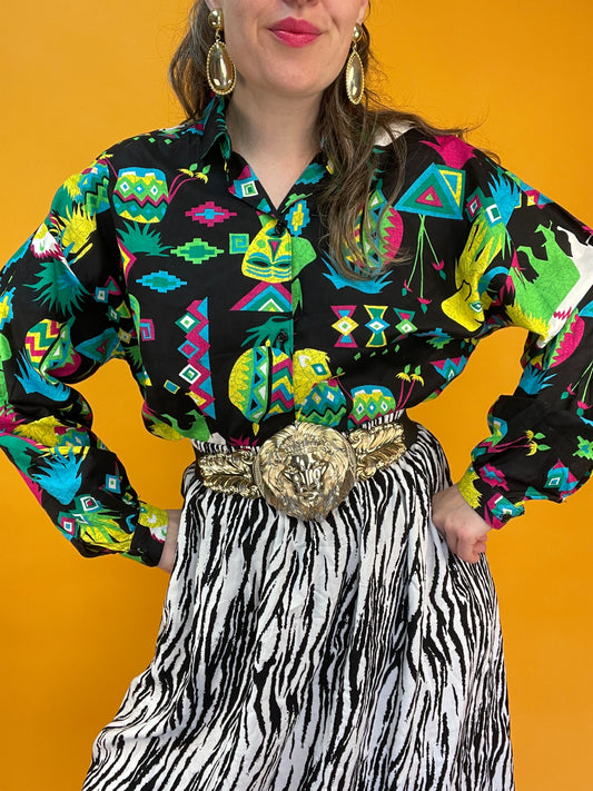 Funky 90s Bluse mit verrücktem Neonprint