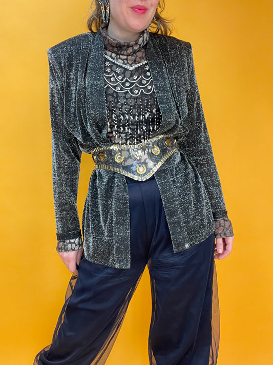 Silbernes Open Front Lurexshirt mit Volantkragen