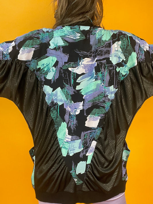 80s Open Front Blusenjäckchen mit Wetlook-Abstraktprint Patchwork