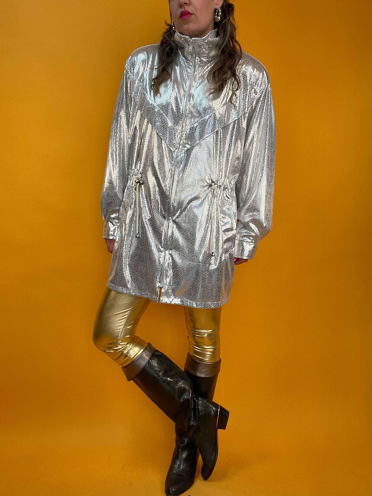 80s/90s Übergangsjacke in ultrastark glänzendem silbernem Discokugel-Print