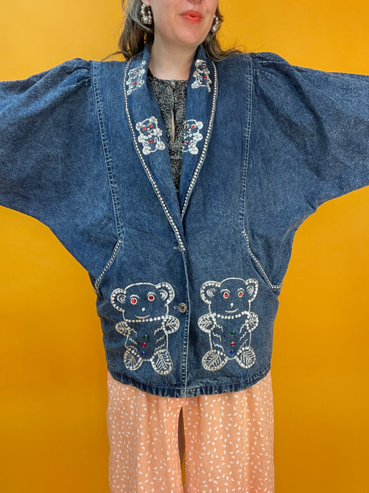80s Denimjacke mit verrückter Bärchen-Bestickung aus Pailletten