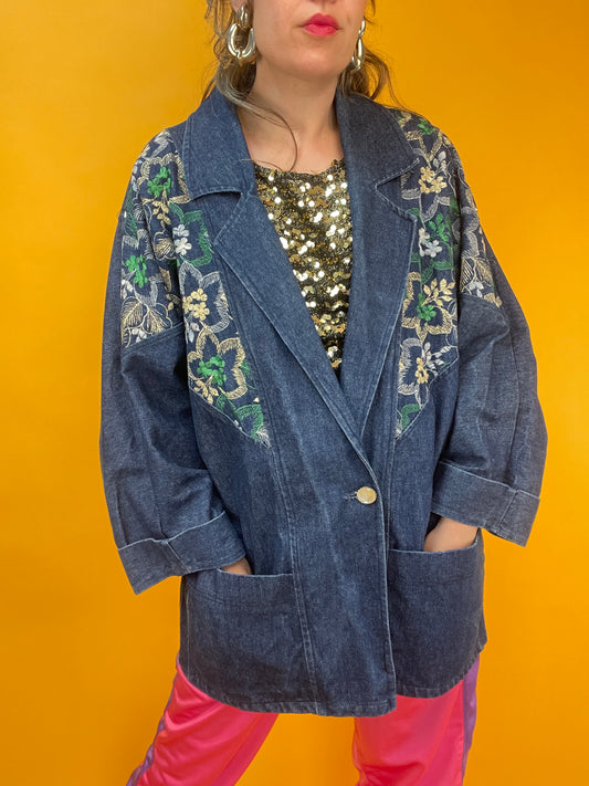 Dünne 80s Jeansjacke mit goldglänzender Blumenbestickung