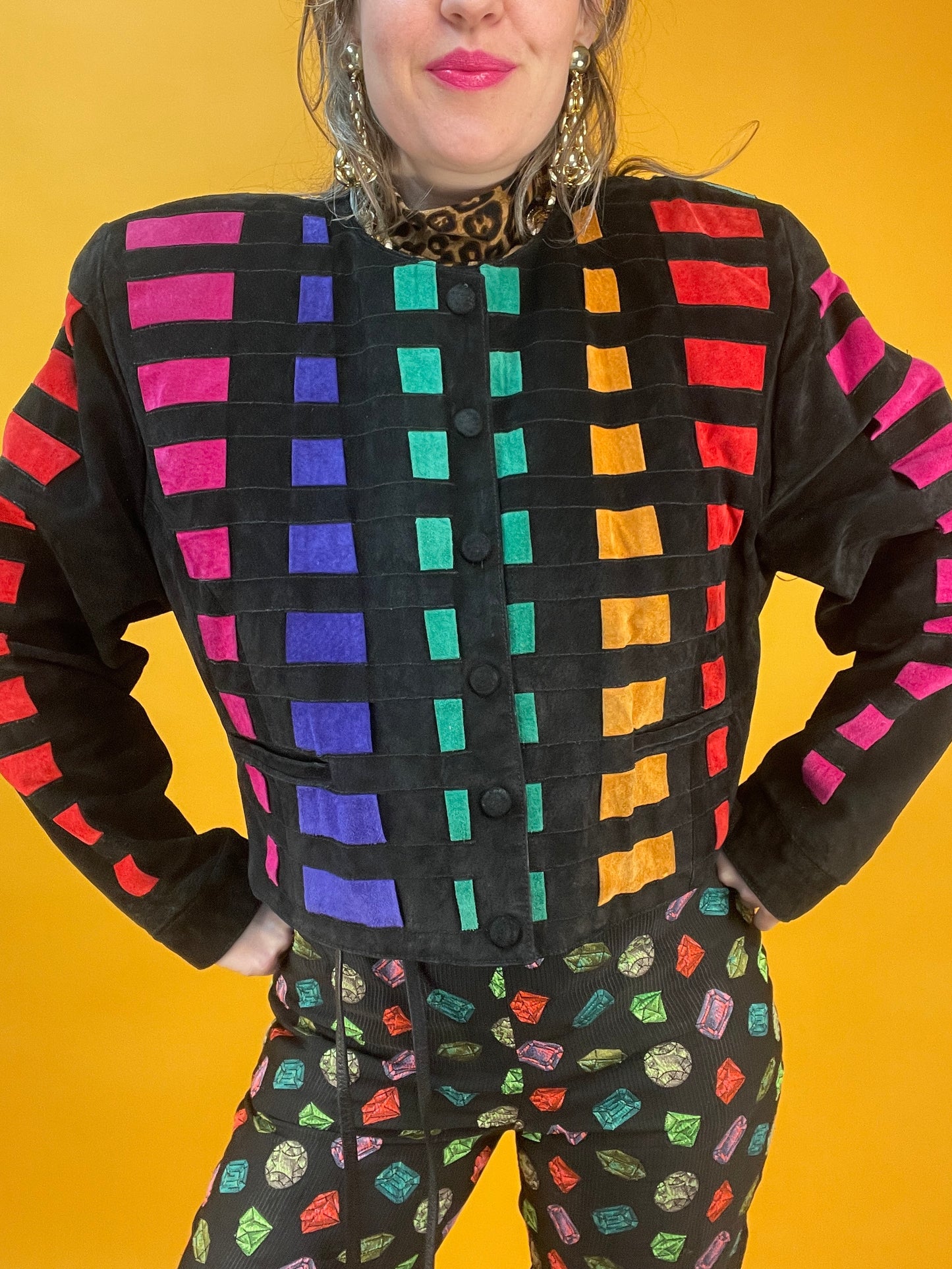 80s/90s Lederjacke von Dino'Z mit Regenbogen-Patchworkdesign