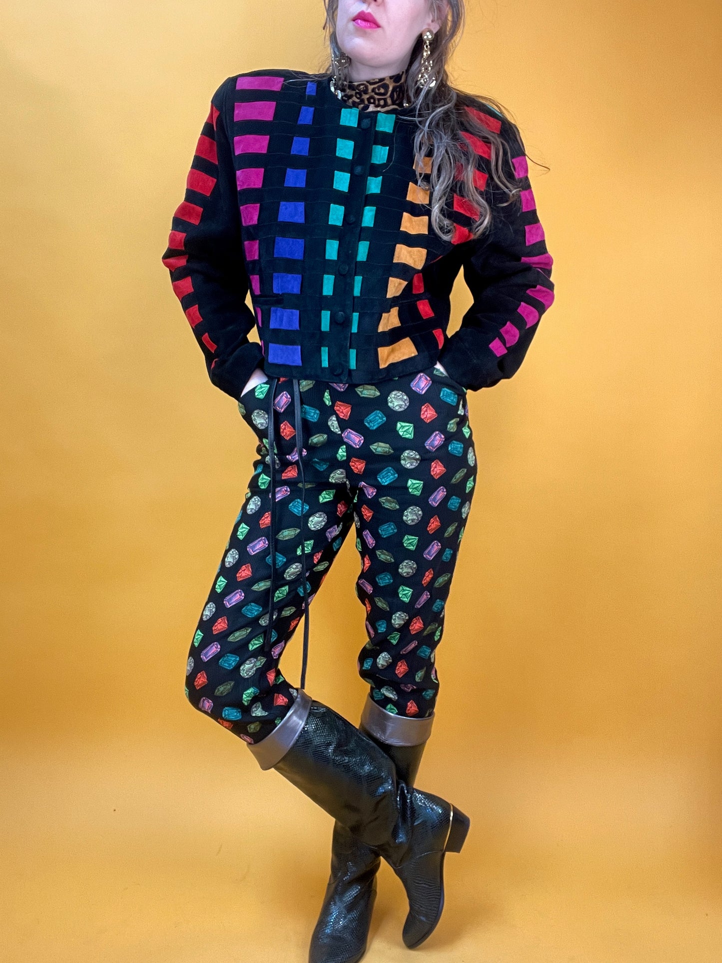 80s/90s Lederjacke von Dino'Z mit Regenbogen-Patchworkdesign