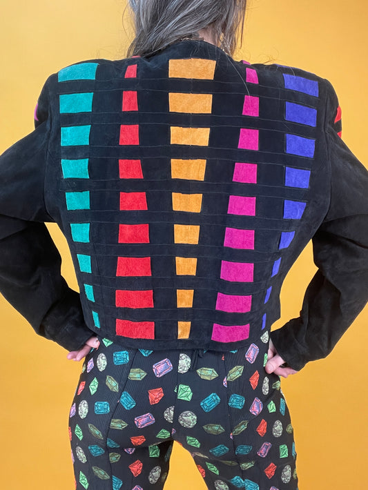 80s/90s Lederjacke von Dino'Z mit Regenbogen-Patchworkdesign