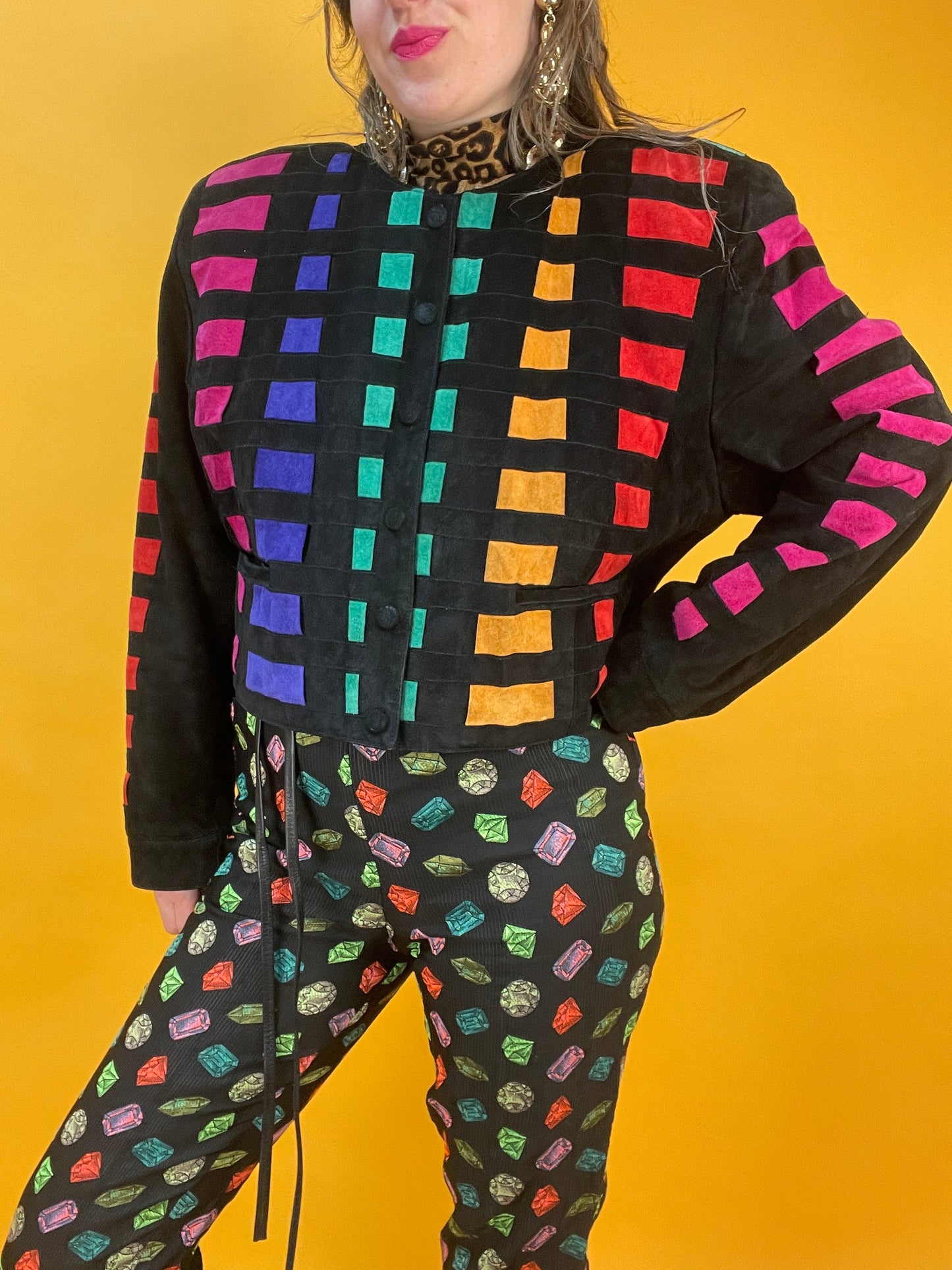 80s/90s Lederjacke von Dino'Z mit Regenbogen-Patchworkdesign