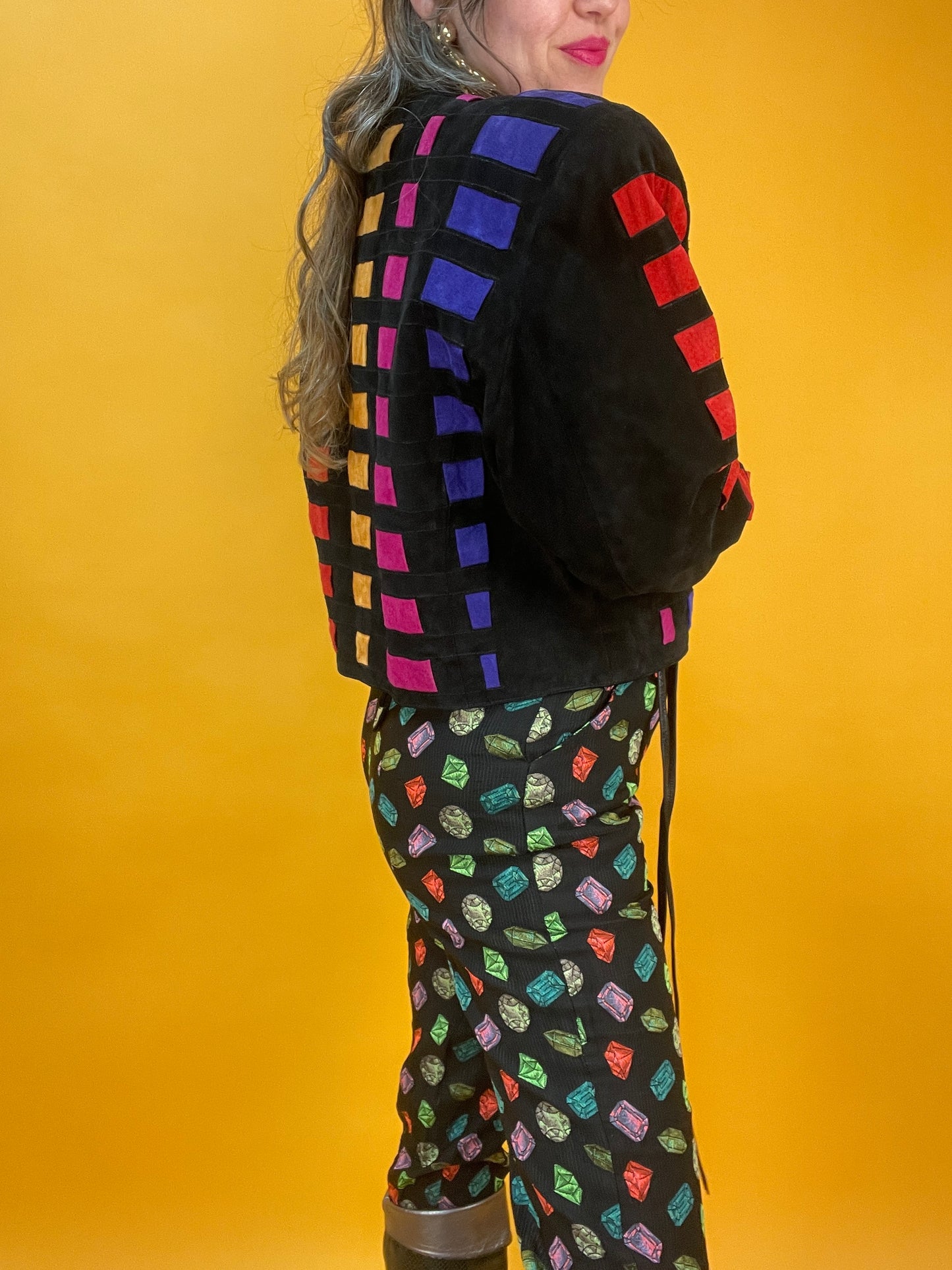 80s/90s Lederjacke von Dino'Z mit Regenbogen-Patchworkdesign