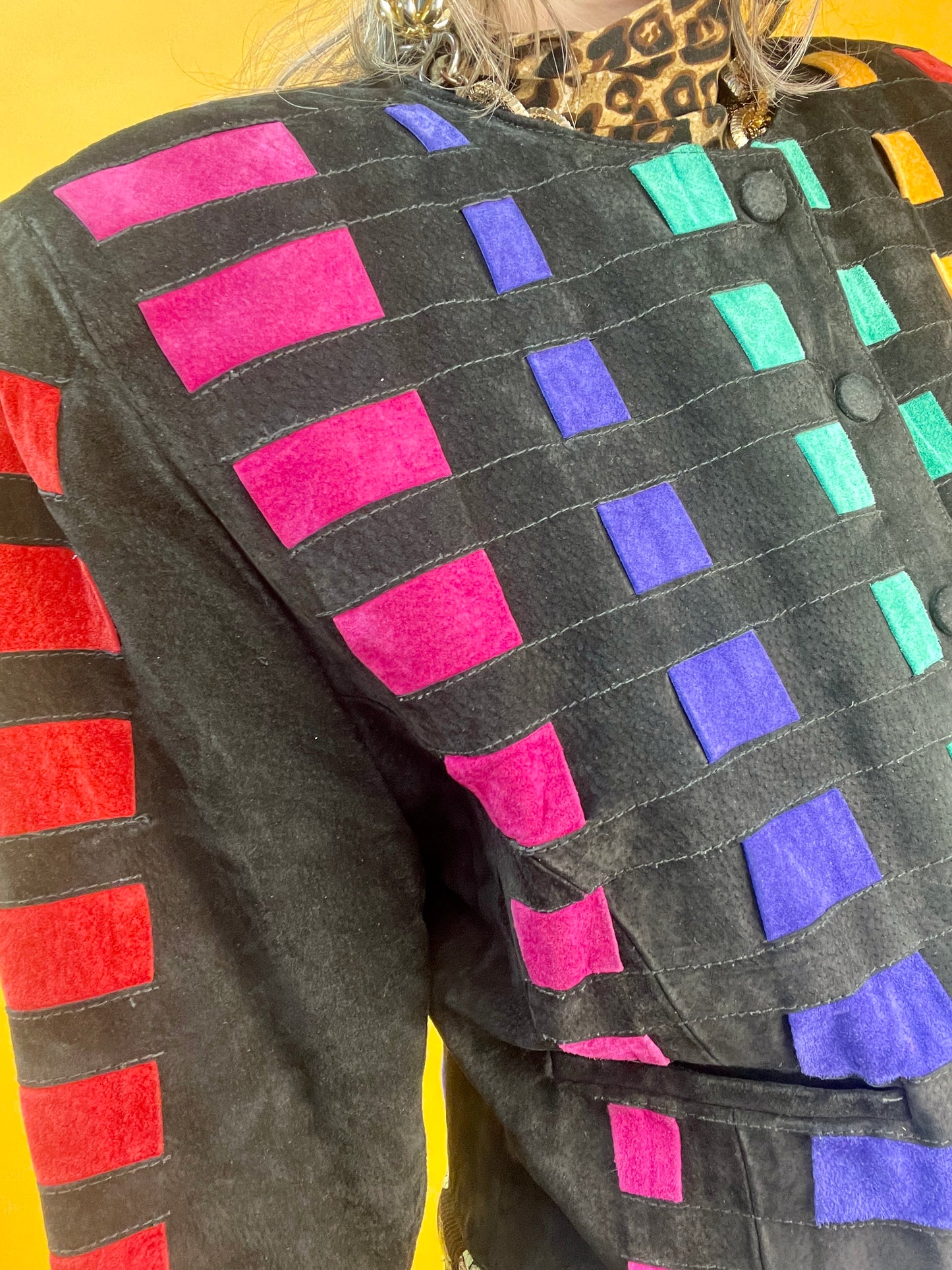 80s/90s Lederjacke von Dino'Z mit Regenbogen-Patchworkdesign