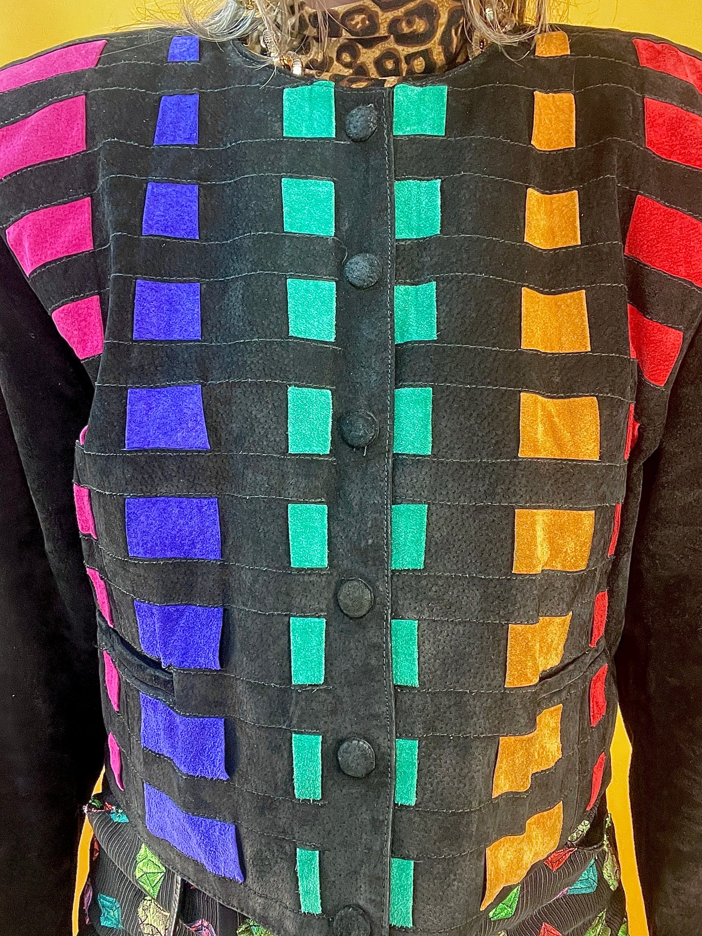 80s/90s Lederjacke von Dino'Z mit Regenbogen-Patchworkdesign