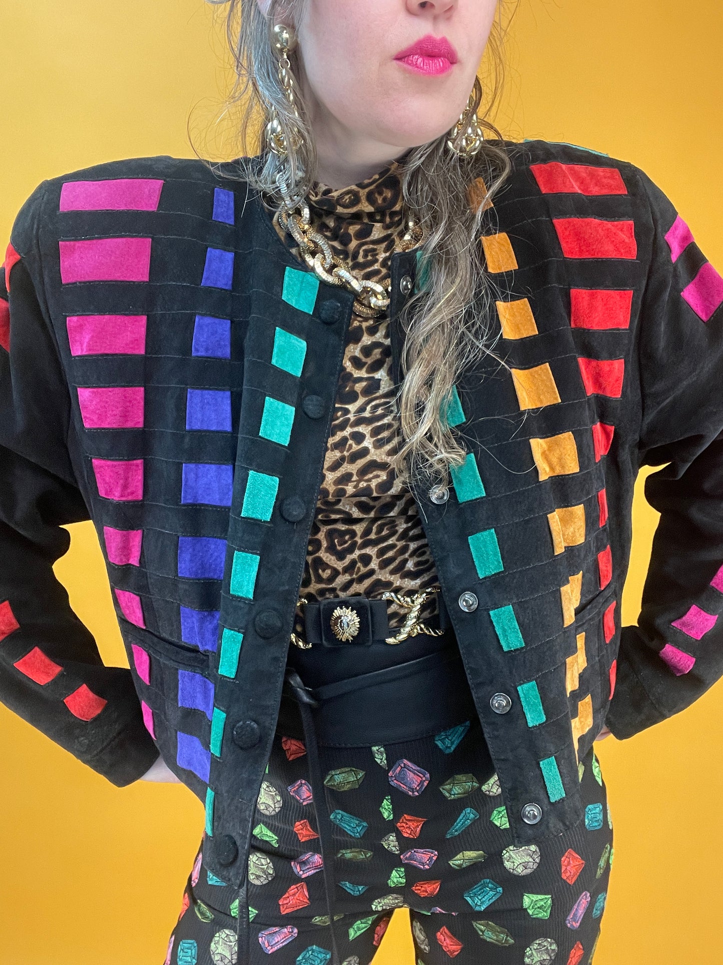 80s/90s Lederjacke von Dino'Z mit Regenbogen-Patchworkdesign