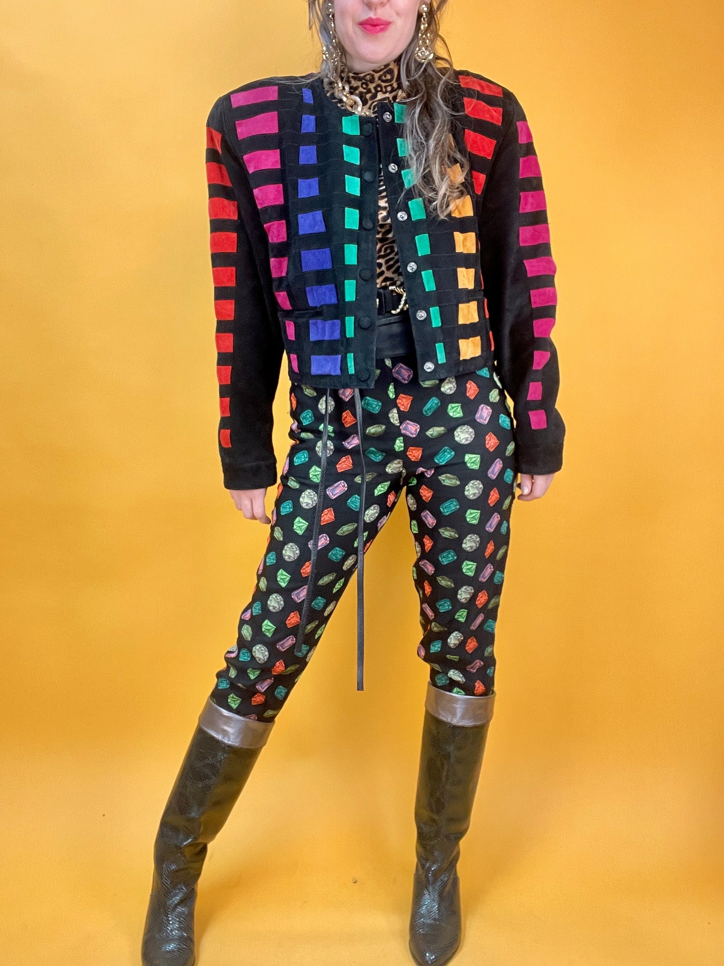 80s/90s Lederjacke von Dino'Z mit Regenbogen-Patchworkdesign