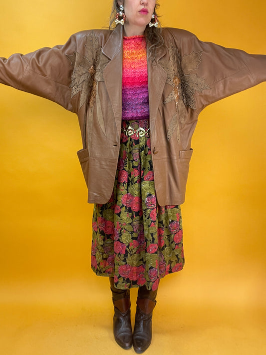 Cognacbraune 80s Lederjacke mit fetten Applikationen