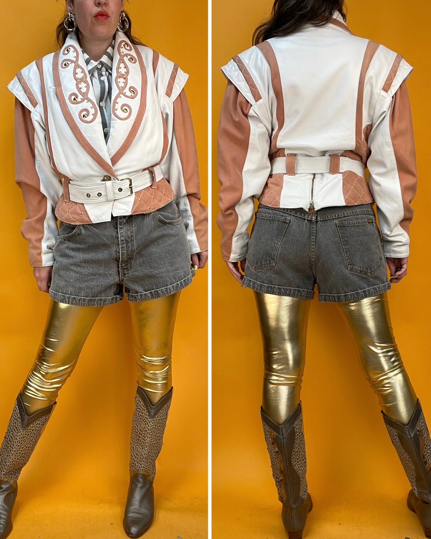 Roséfarbene 80s Patchwork-Lederjacke im edgy Bikerstil
