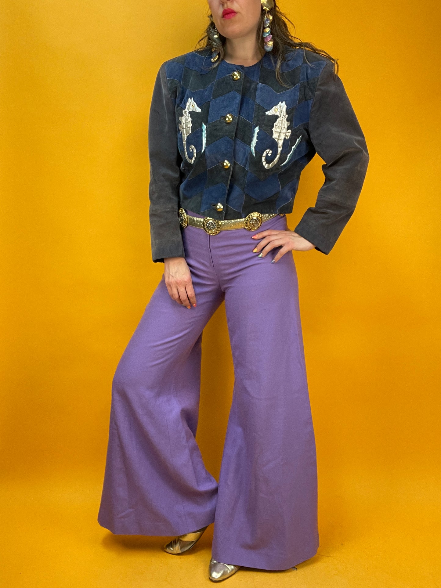 80s/90s Patchwork Lederjacke mit silbernen Seepferdchen