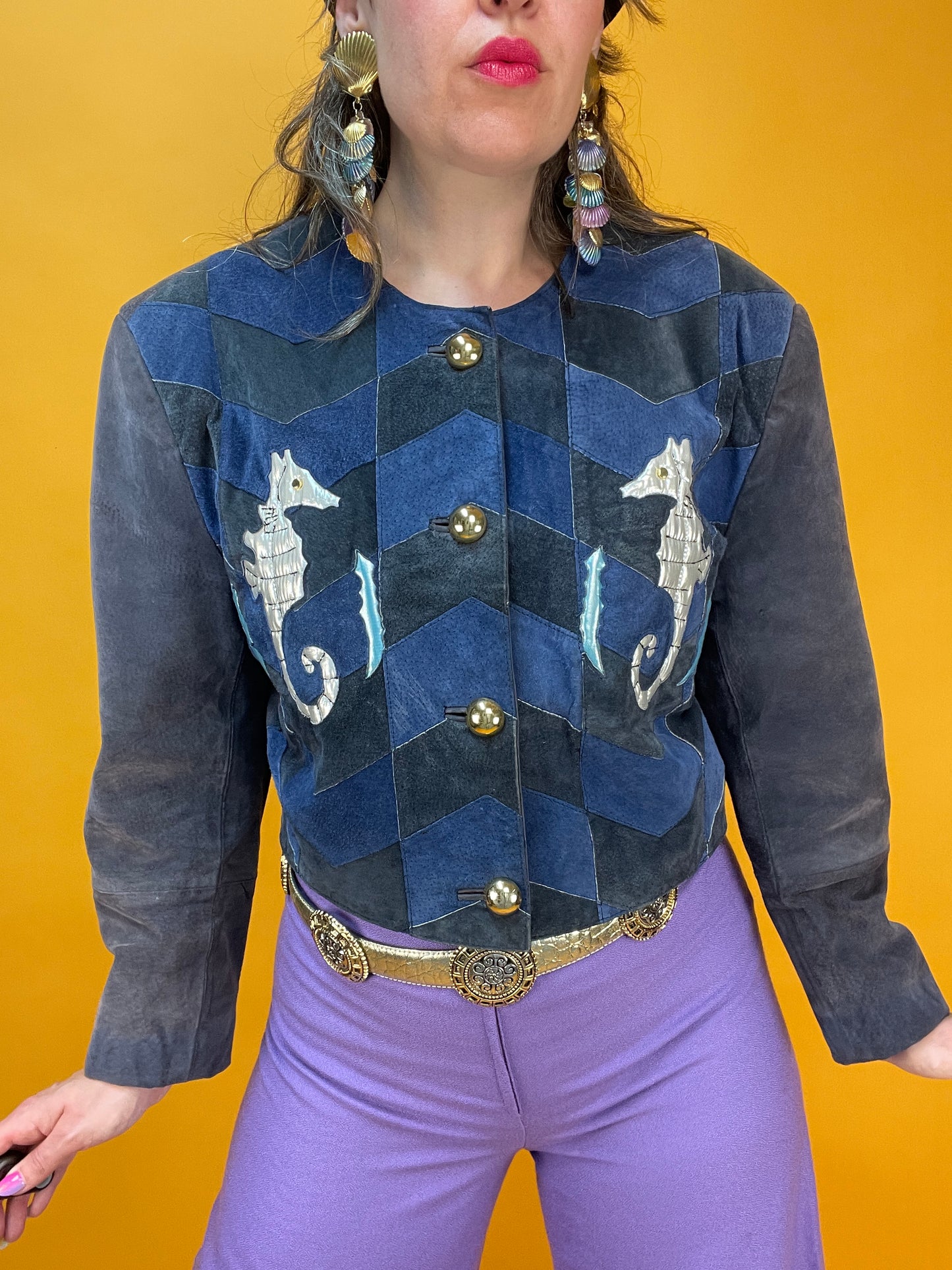 80s/90s Patchwork Lederjacke mit silbernen Seepferdchen