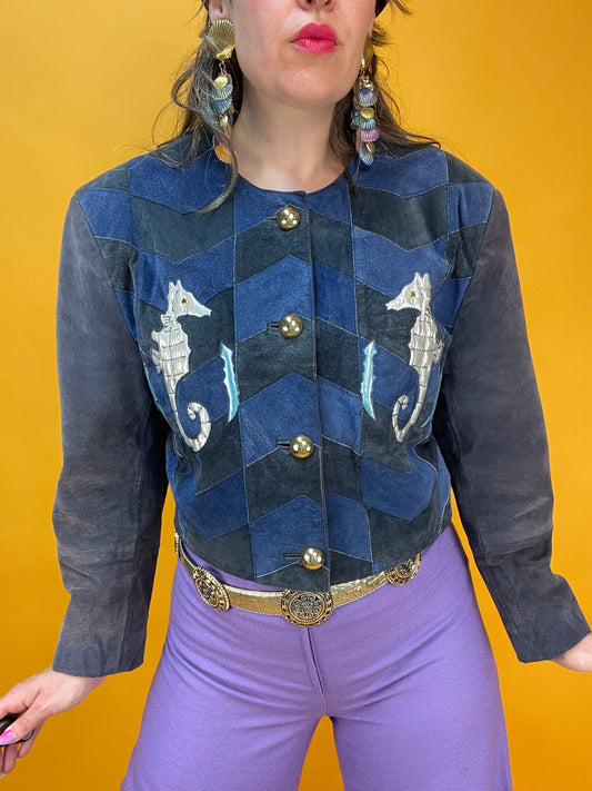 80s/90s Patchwork Lederjacke mit silbernen Seepferdchen