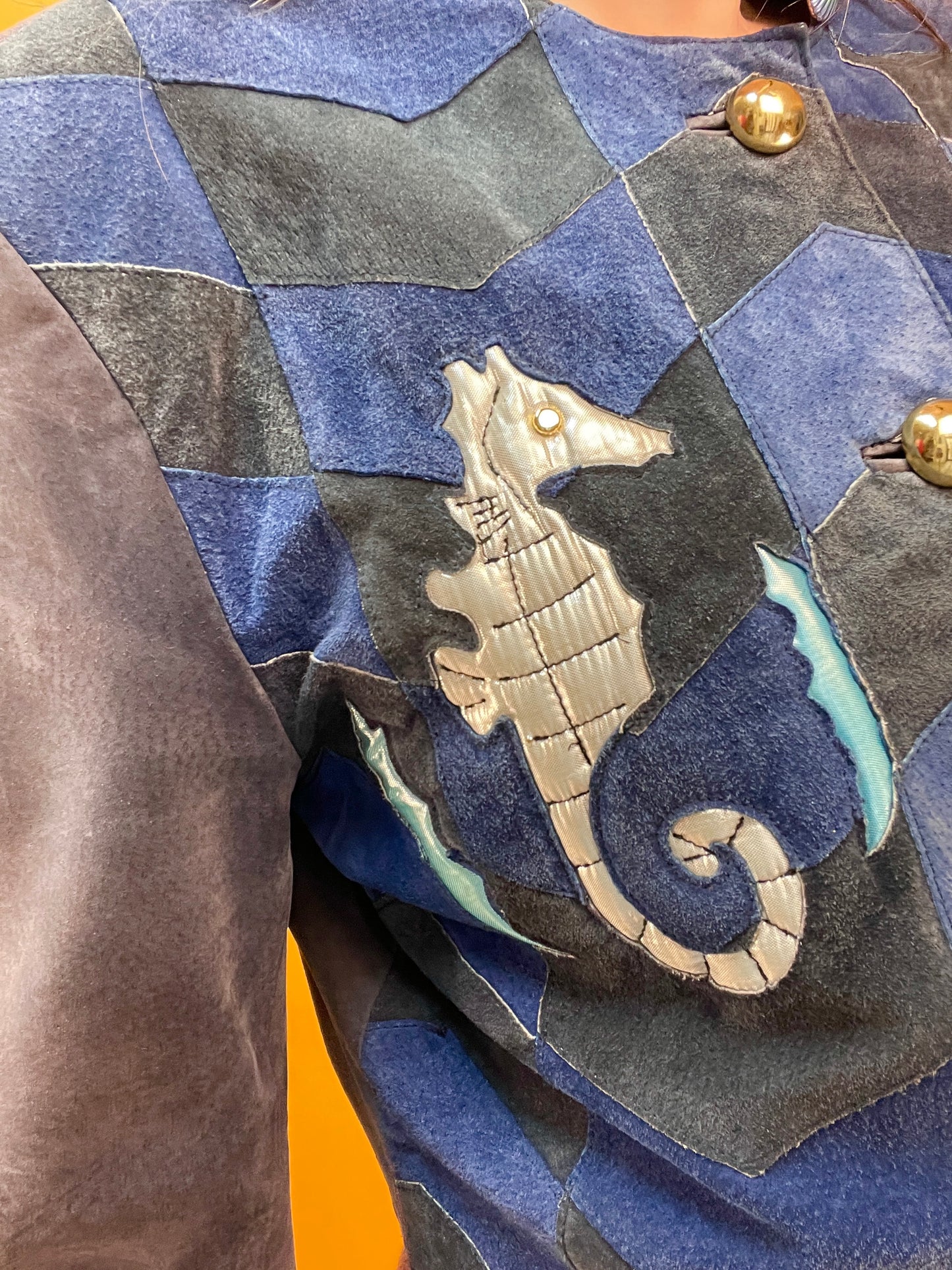 80s/90s Patchwork Lederjacke mit silbernen Seepferdchen