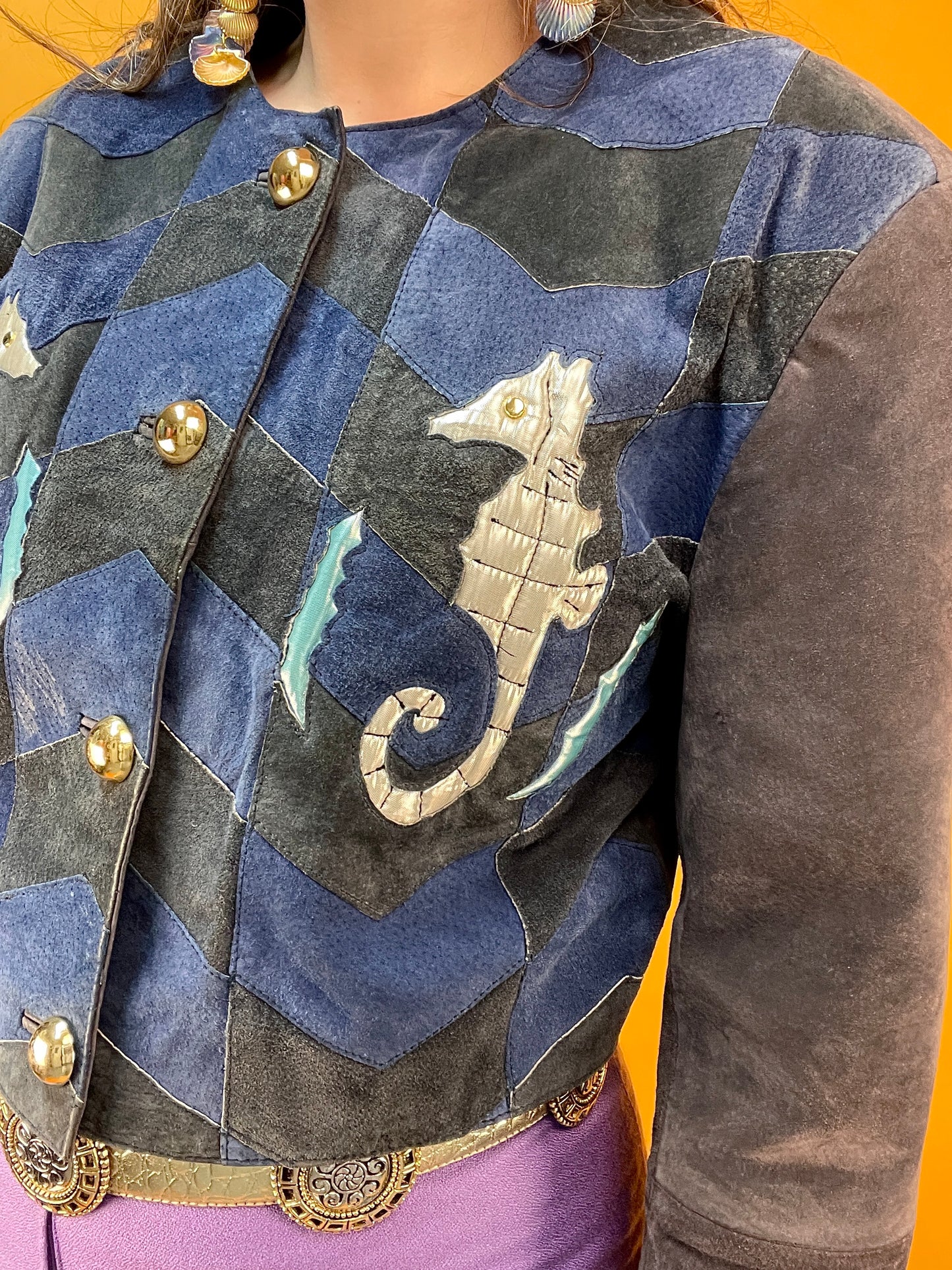 80s/90s Patchwork Lederjacke mit silbernen Seepferdchen