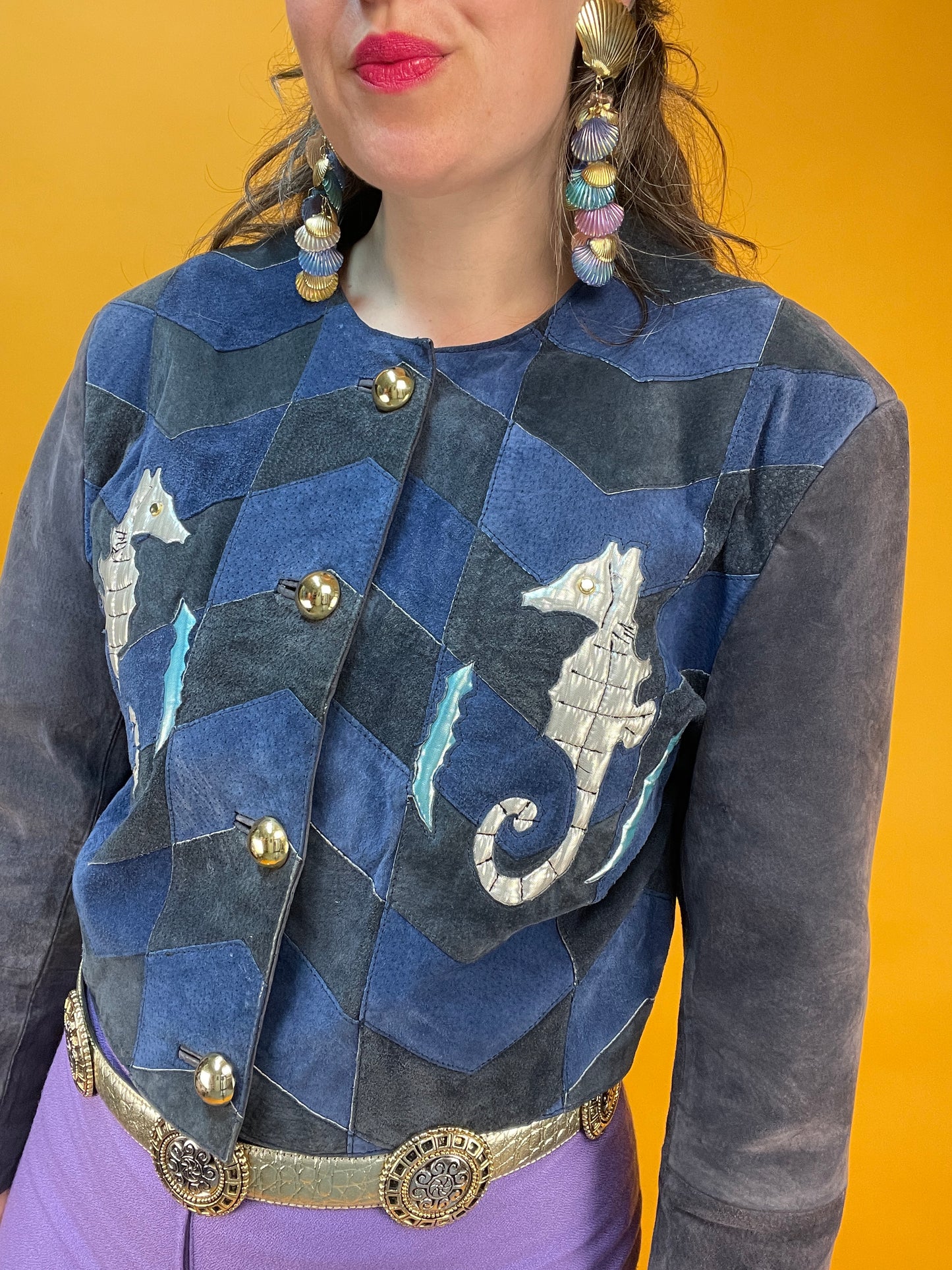 80s/90s Patchwork Lederjacke mit silbernen Seepferdchen
