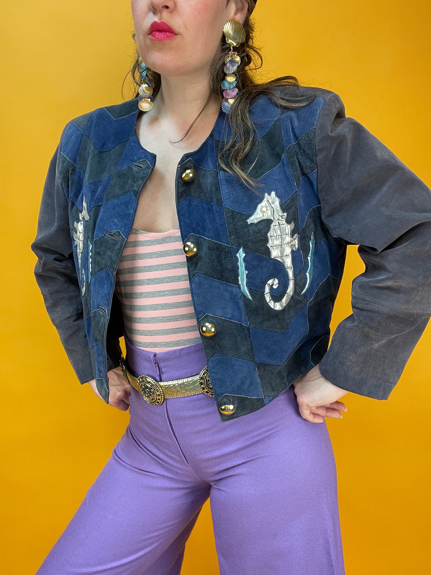 80s/90s Patchwork Lederjacke mit silbernen Seepferdchen