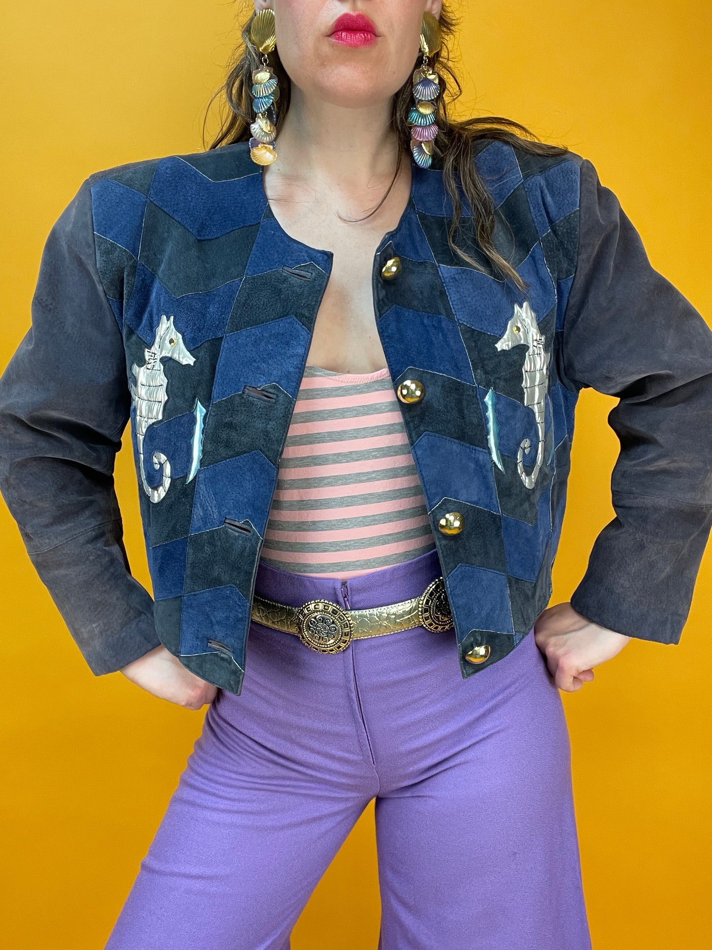 80s/90s Patchwork Lederjacke mit silbernen Seepferdchen