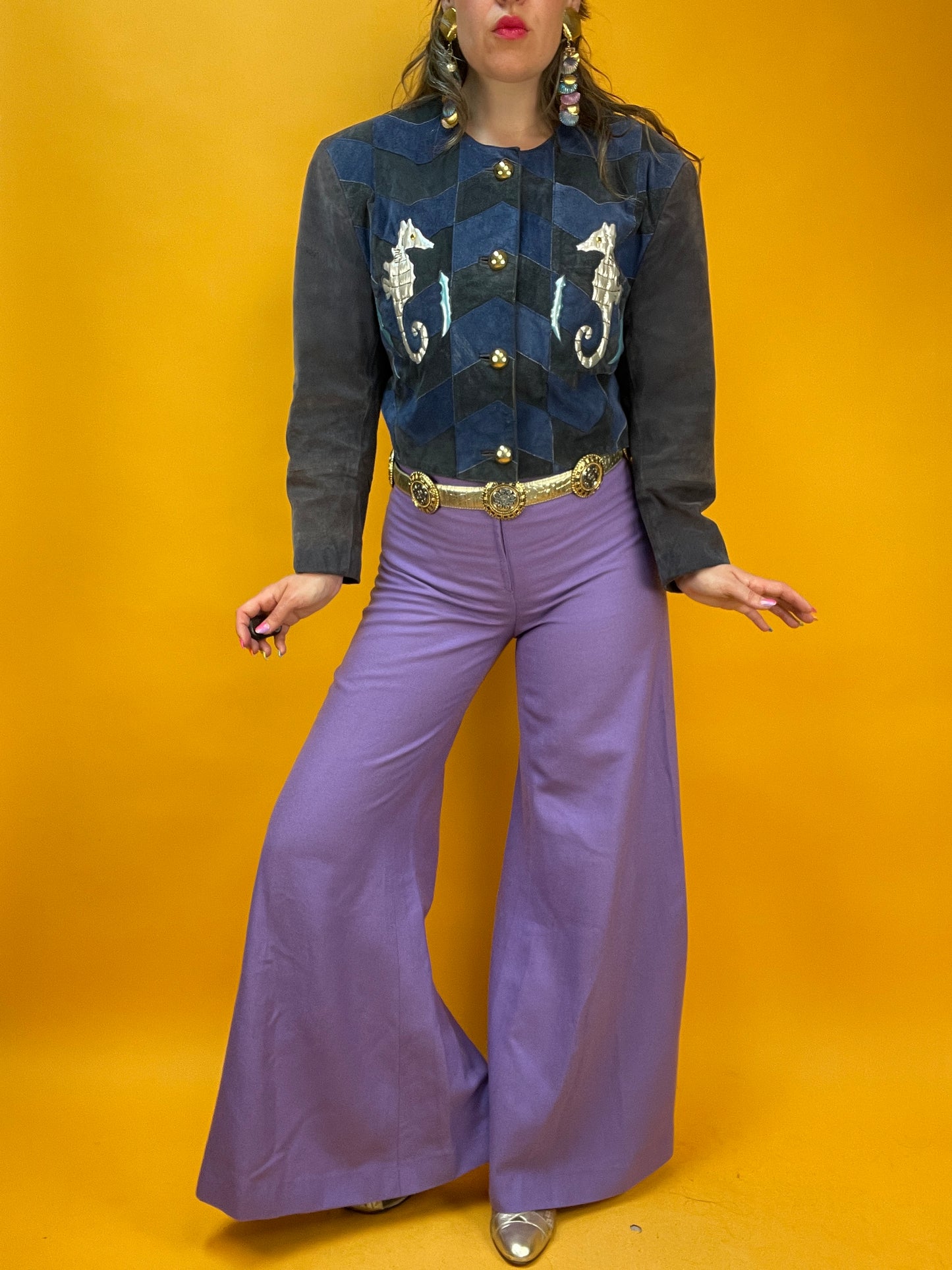 80s/90s Patchwork Lederjacke mit silbernen Seepferdchen