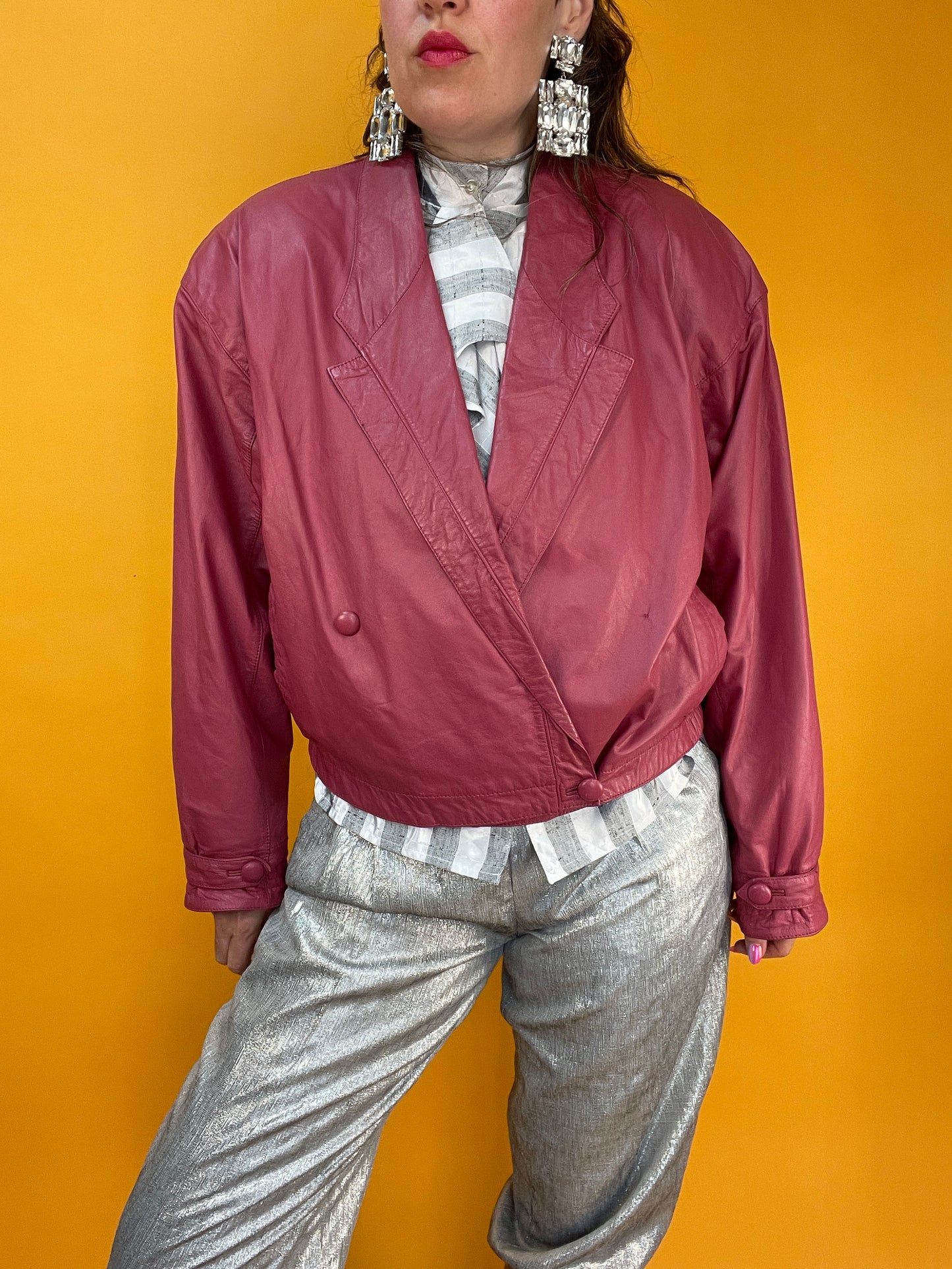 Lässige altrosa Lederbomberjacke aus den 80s