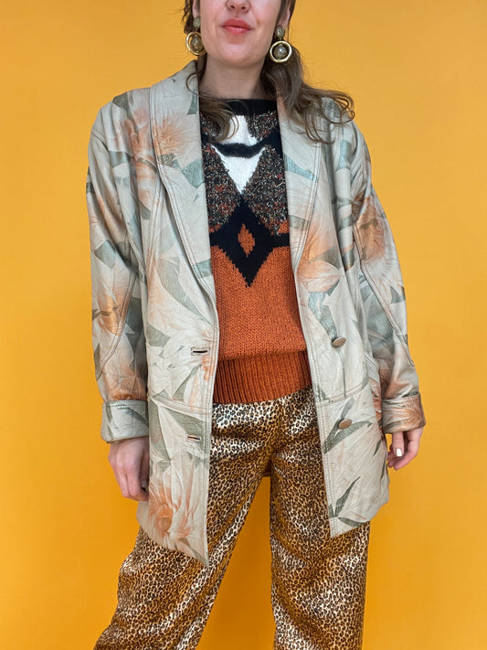 Sandfarbene 80s Lederjacke mit schimmerndem Metallicprint