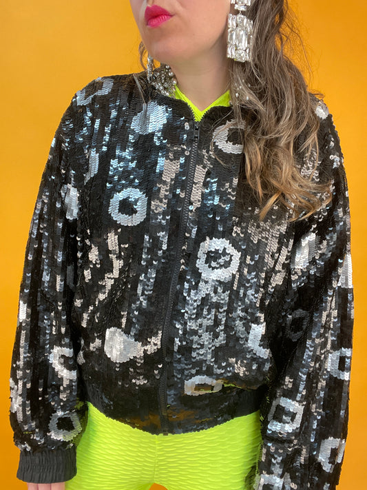 Statement 80s Pailletten-Blousonjacke mit riesiger Schlange im Rücken
