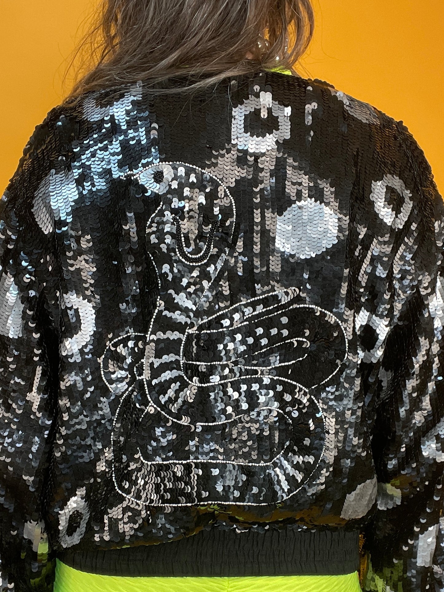 Statement 80s Pailletten-Blousonjacke mit riesiger Schlange im Rücken