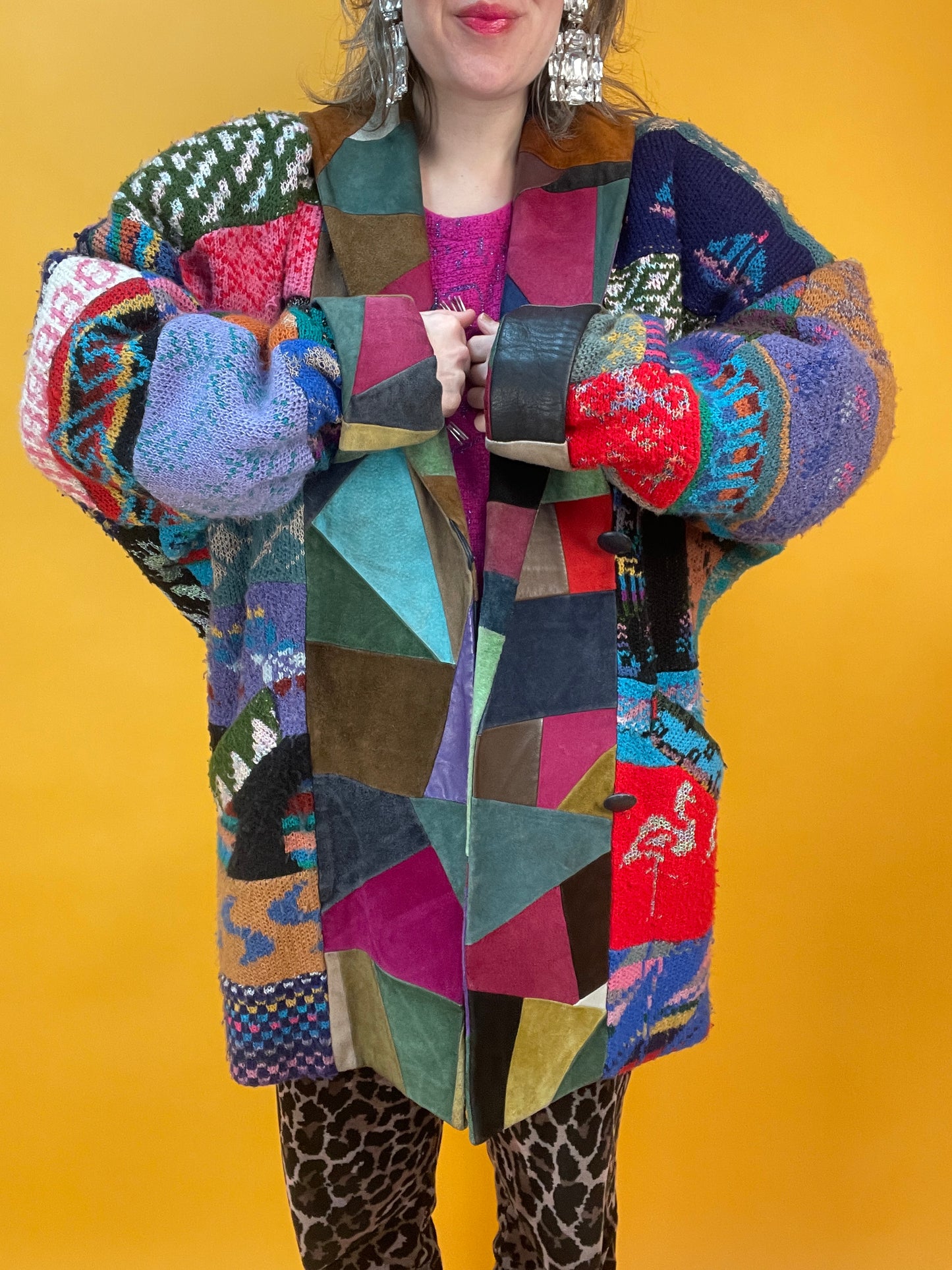 Seltene Tauros Jacke mit zahllosen Strickmotiven und bunten Lederdetails