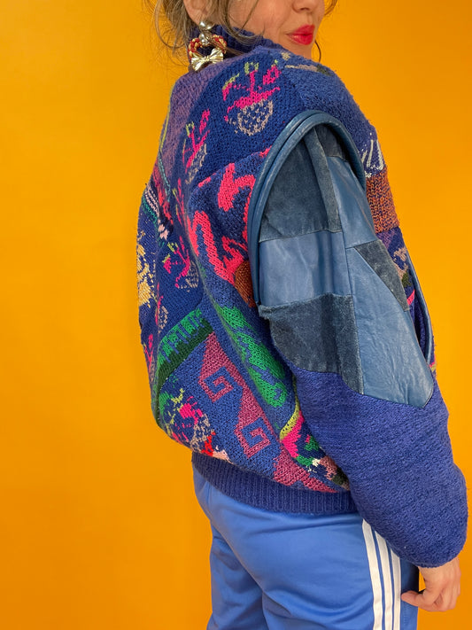 Tauros Patchworkjacke mit ausgefallenen Strickmotiven und Lederdetails