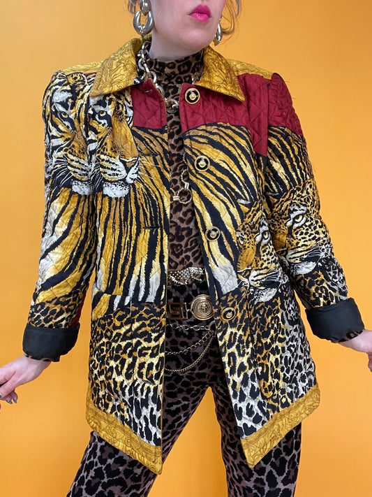 Ultrageile 80s Seiden-Steppjacke mit XXL Wildkatzenprint