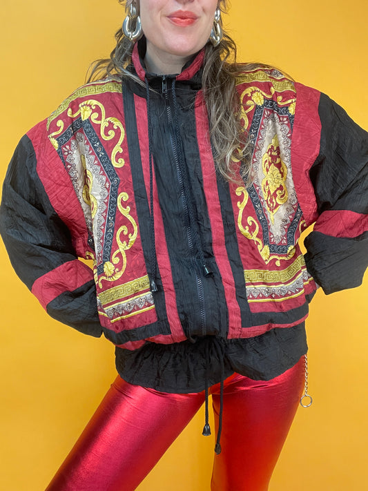 80s Trainingsjacke mit opulentem Barockprint und kleinem Schößchen