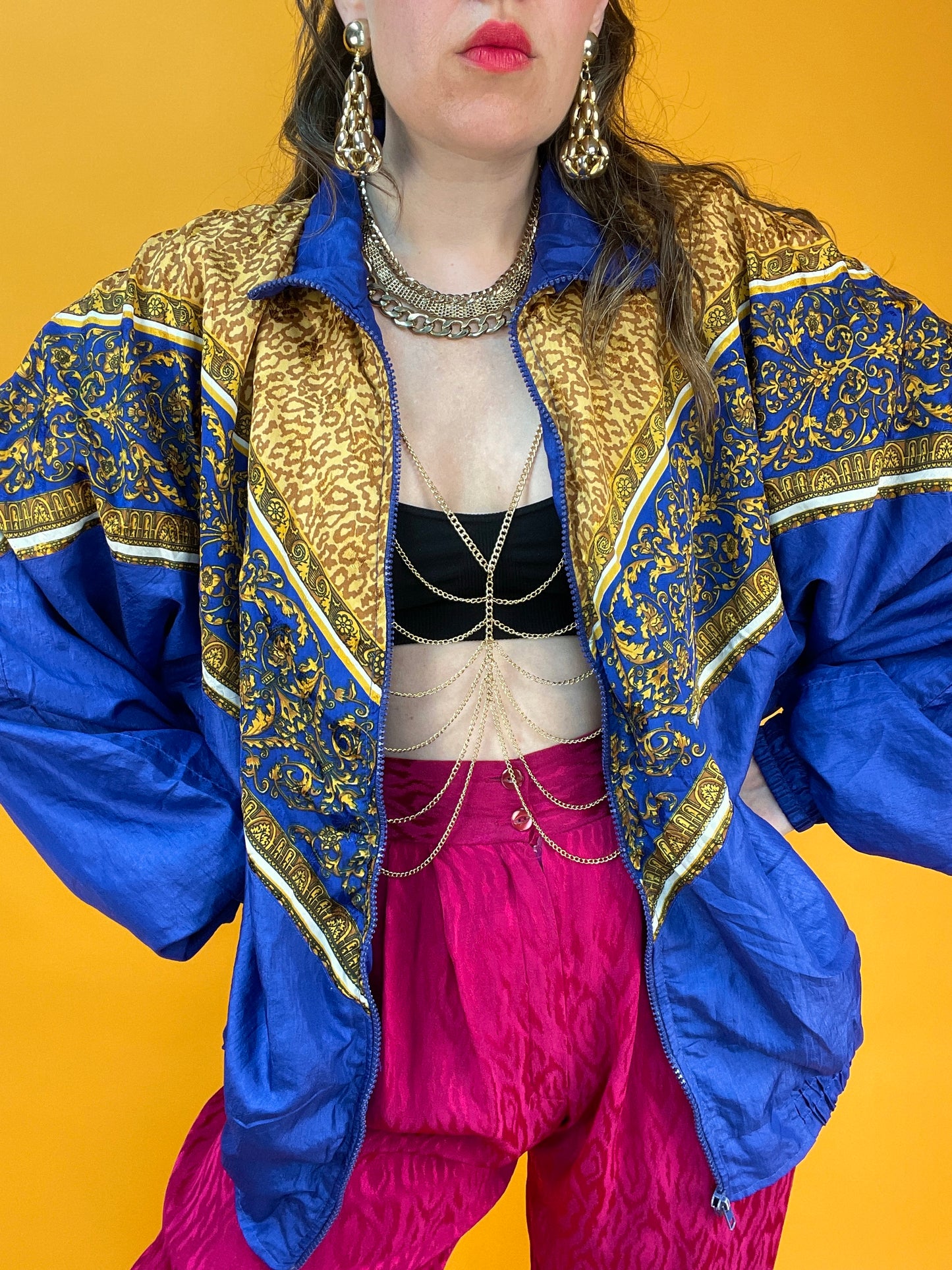 Königsblaue 80s Trainingsjacke mit Leoparden-Barockprint
