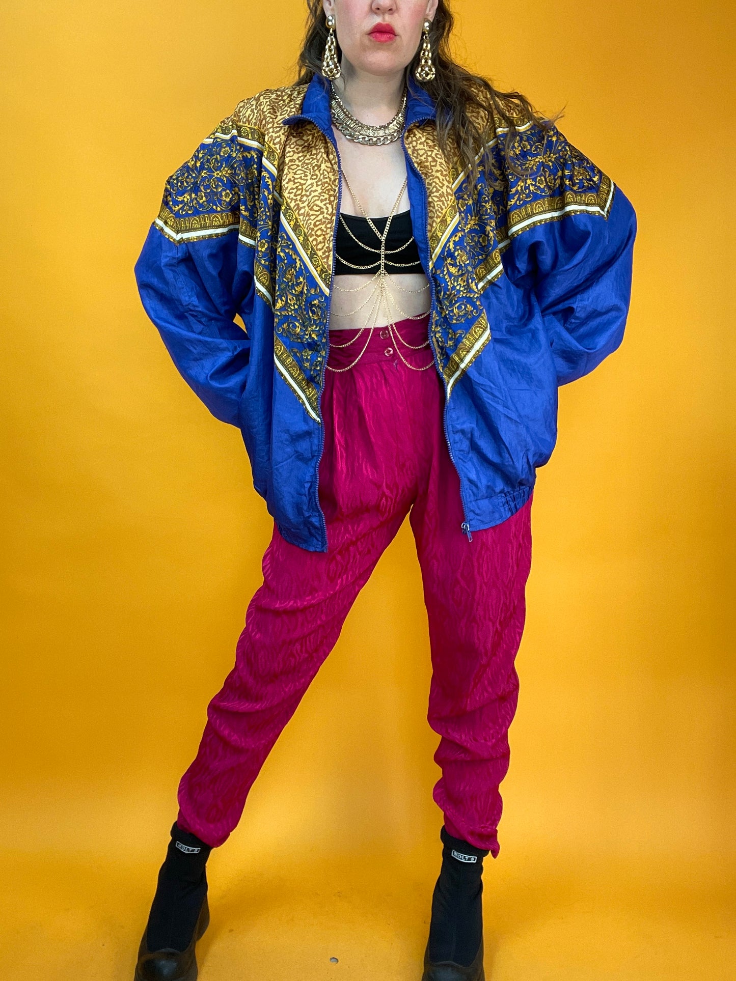 Königsblaue 80s Trainingsjacke mit Leoparden-Barockprint