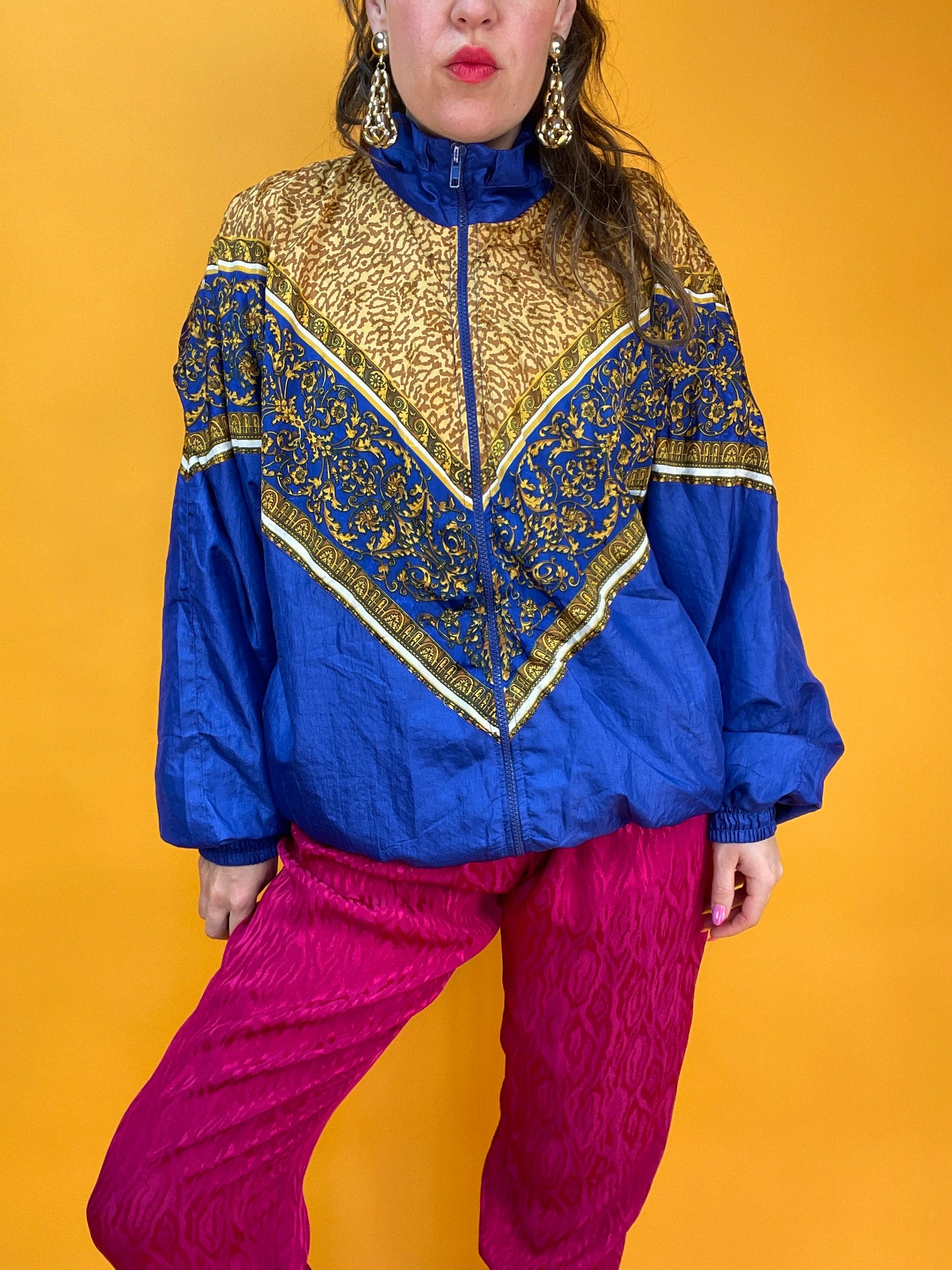 Königsblaue 80s Trainingsjacke mit Leoparden-Barockprint