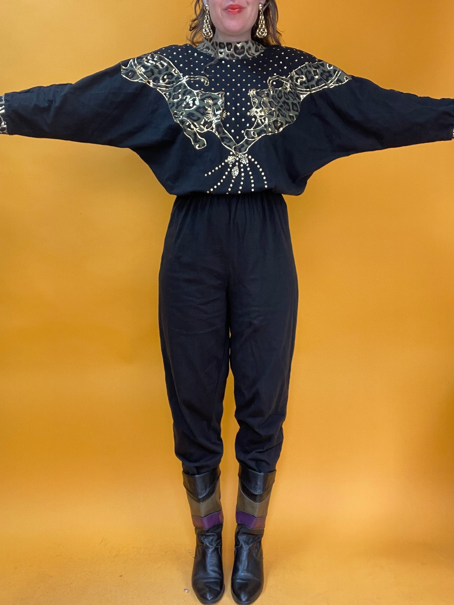Lässiger Jumpsuit aus Jersey mit Leoparden-Golddruck