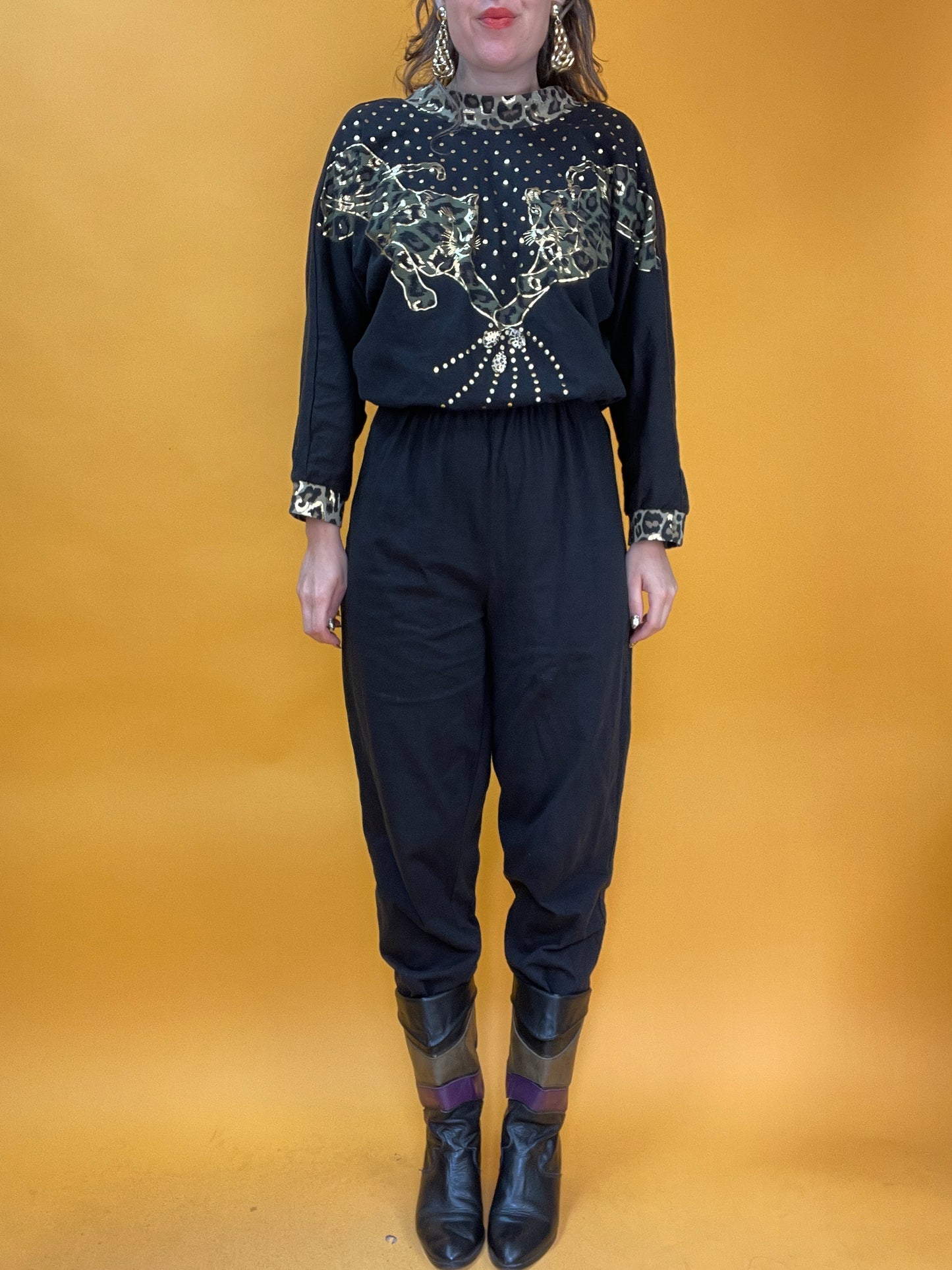 Lässiger Jumpsuit aus Jersey mit Leoparden-Golddruck