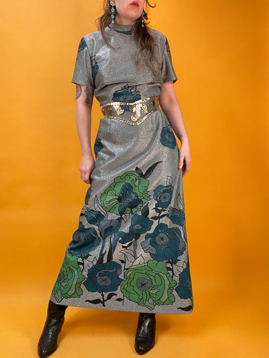 70s Maxikleid mit XXL Blumenmuster in Jugendstil Design