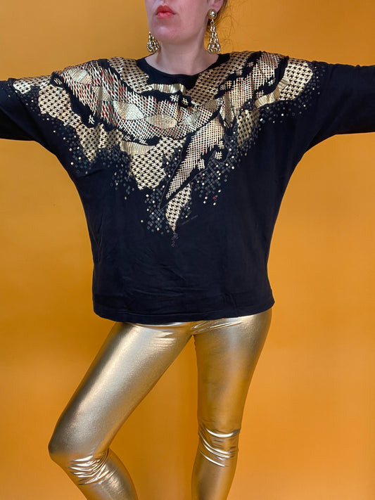 Glamouröses Longsleeve mit goldener Schlange in Hahnentrittprint